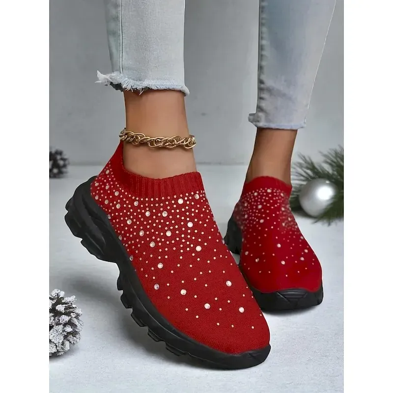 budjav1759315676295.webp Women's Sneakers Flyknit Shoes Christmas Daily Rhinestone Flat Heel Round Toe Casual Comfort Walking City Running Tissage Volant Loafer Black White Pink - Image 1