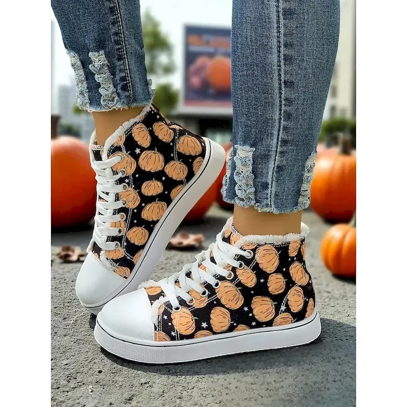cujosa1758014061295.webp Women's Halloween Pumpkin High Top Sneakers – Casual Canvas Lace-Up Shoes with Festive Print for Autumn, Costume Party and Everyday Wear - Image 1