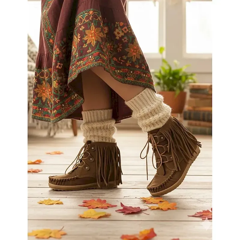 gcerja1757906536075.webp Women's Brown Fringe Moccasin Ankle Bootswith Lace-Up Design for Boho Style - Perfect for Festivals and Everyday Wear - Image 1