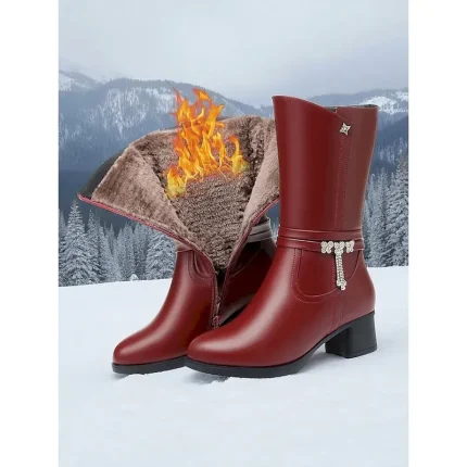 Women's Warm Fur Lined Mid-Calf Boots with Low Block Heel, Red Faux Leather Winter Snow Booties, Slip Resistant Cozy Fashion Shoes for Cold Weather, Outdoor Travel and Holiday Wear