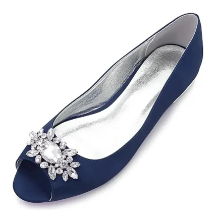 Women's Navy Blue Peep-Toe Flats with Rhinestone Embellishments – Elegant Satin Shoes for Weddings, Parties, and Formal Events