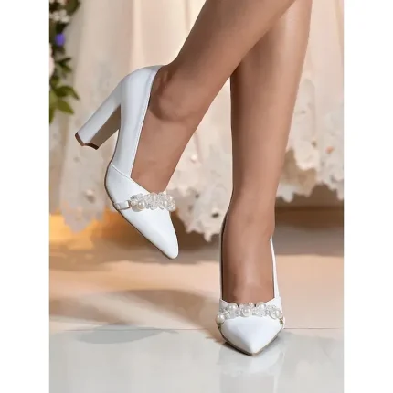 Women's White Pearl Decor Block Heel Pumps, Elegant Pointed Toe Wedding Shoes for Brides, Formal Ceremony & Party Outfits