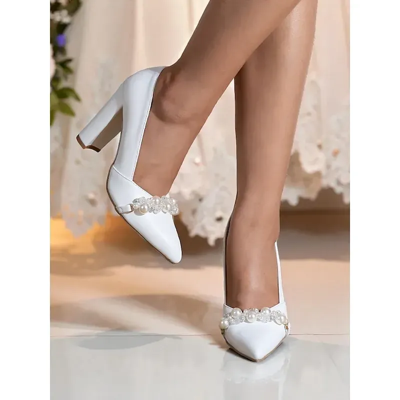 qcoqff1759316776368.webp Women's White Pearl Decor Block Heel Pumps, Elegant Pointed Toe Wedding Shoes for Brides, Formal Ceremony & Party Outfits - Image 1