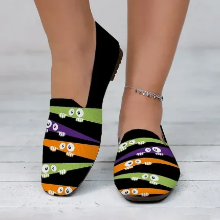 Women's Halloween Cat Print Loafers – Black and White Flyknit Slip-on Shoes with Cute Cartoon Design for Casual Party Outfits