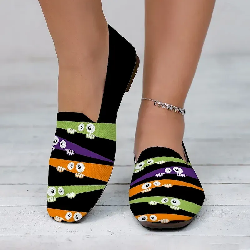 xawvds1757931927992.webp Women's Halloween Cat Print Loafers – Black and White Flyknit Slip-on Shoes with Cute Cartoon Design for Casual Party Outfits - Image 1