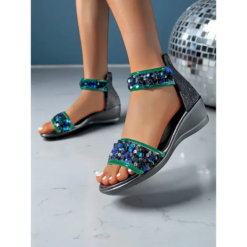 zpzeot1754042161639.webp Women's Sequin Ankle Strap Wedge Sandals - Glitter Open Toe Party Shoes for Nightlife and Dance Club Outfits - Image 1